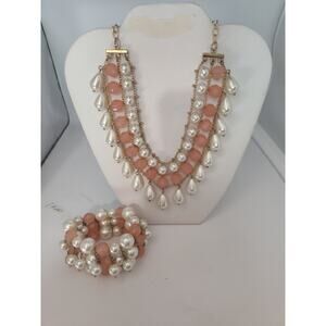 Susan Graver Simulated Pearl Light Pink Bead Gold Tone Necklace And Bracelet Set